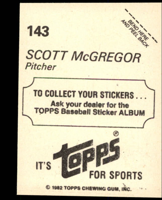 1982 Topps Stickers #143 Scott McGregor back image