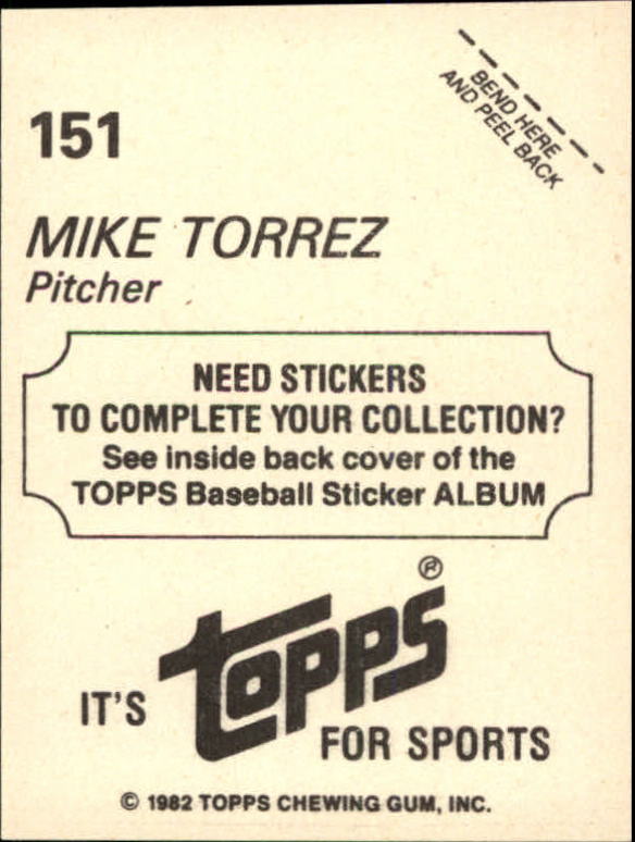 1982 Topps Stickers #151 Mike Torrez back image