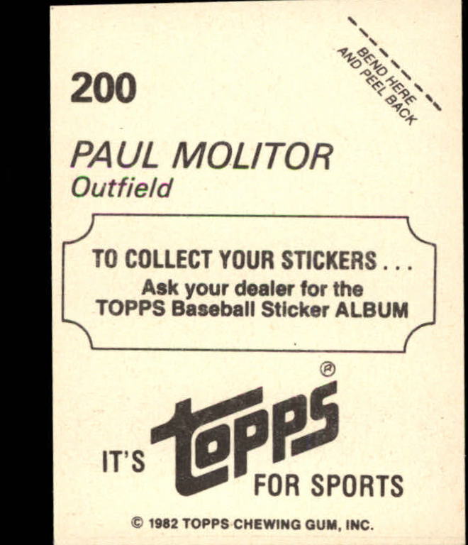 1982 Topps Stickers #200 Paul Molitor back image