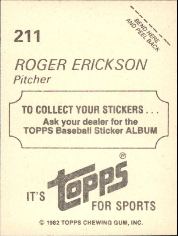 1982 Topps Stickers #211 Roger Erickson back image