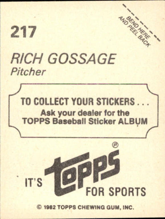 1982 Topps Stickers #217 Rich Gossage back image