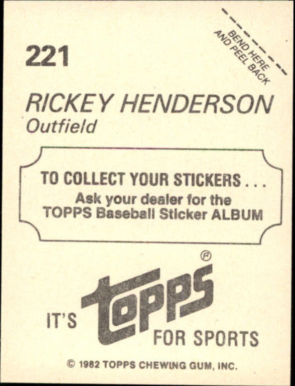 1982 Topps Stickers #221 Rickey Henderson back image