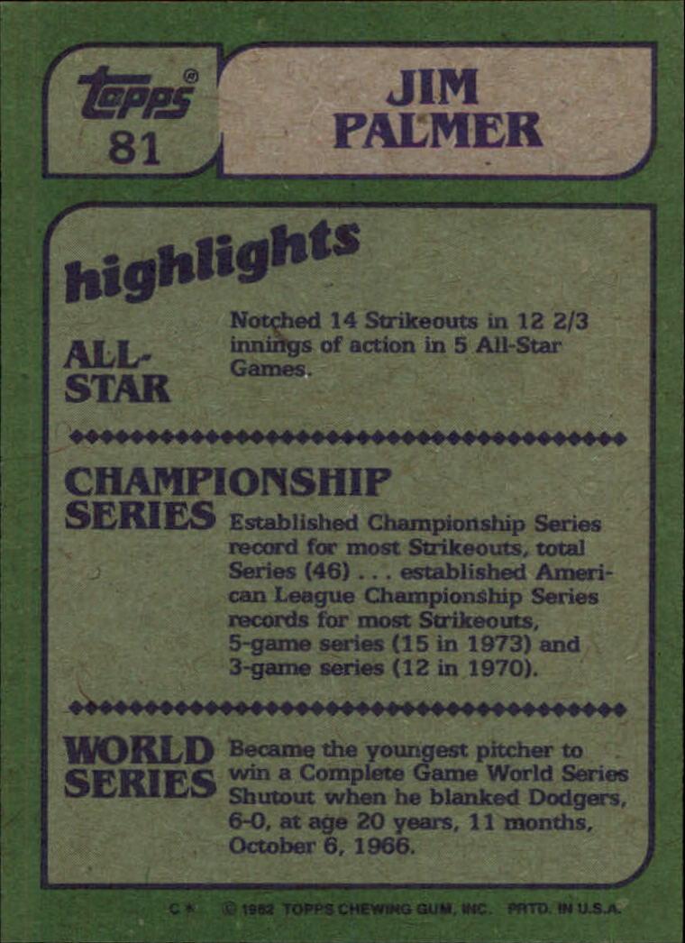 1982 Topps #81 Jim Palmer IA back image
