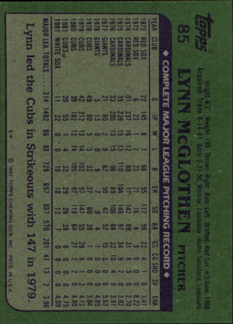 1982 Topps #85 Lynn McGlothen back image