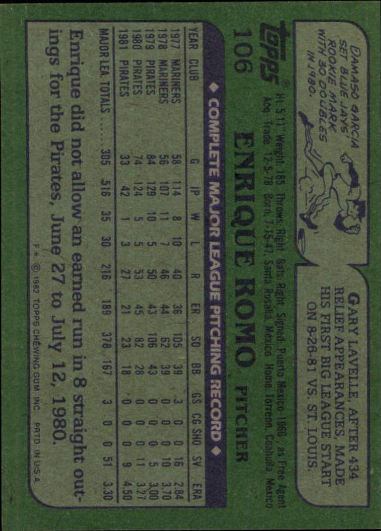 1982 Topps #106 Enrique Romo back image