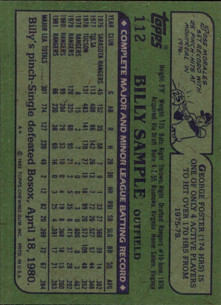 1982 Topps #112 Billy Sample back image