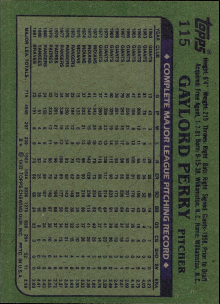 1982 Topps #115 Gaylord Perry back image