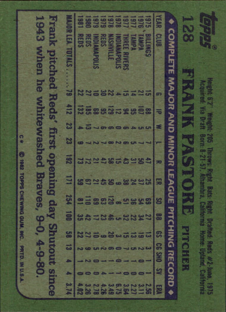 1982 Topps #128 Frank Pastore back image