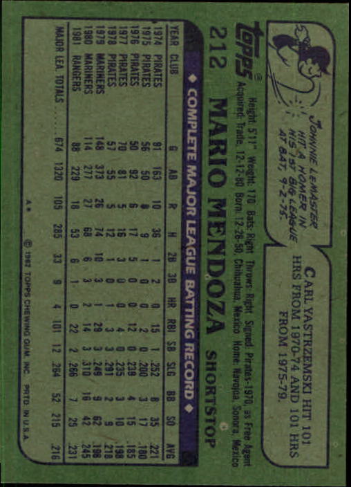 1982 Topps #212 Mario Mendoza back image