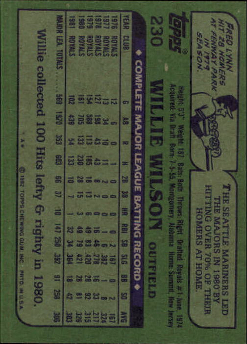 1982 Topps #230 Willie Wilson back image