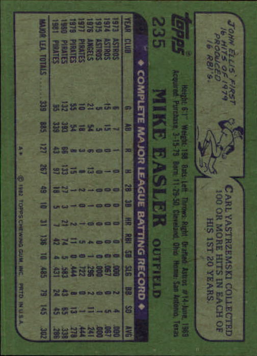 1982 Topps #235 Mike Easler back image