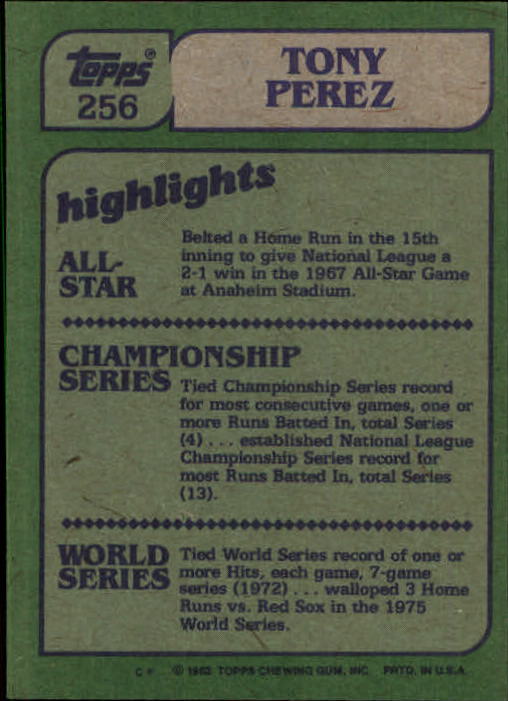 1982 Topps #256 Tony Perez IA back image