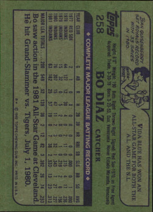 1982 Topps #258 Bo Diaz back image