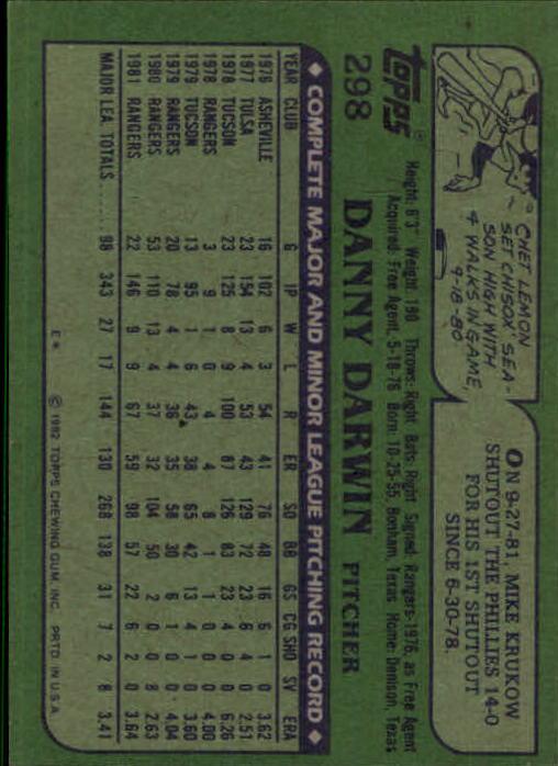1982 Topps #298 Danny Darwin back image