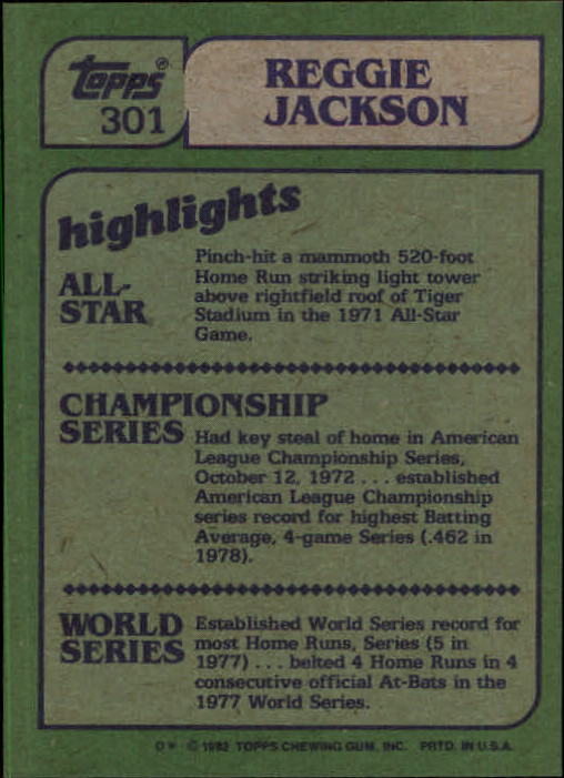 1982 Topps #301 Reggie Jackson IA back image