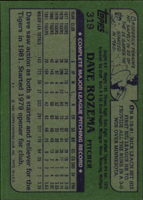 1982 Topps #319 Dave Rozema back image