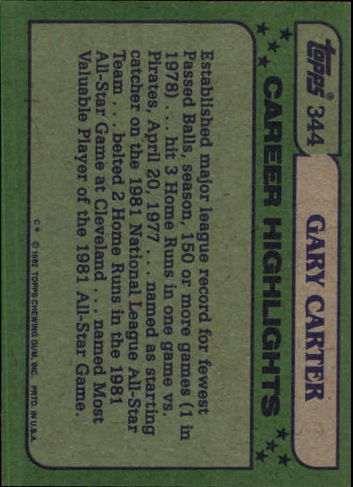1982 Topps #344 Gary Carter AS back image
