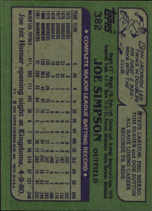 1982 Topps #382 Joe Simpson back image