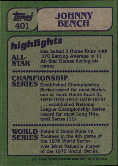 1982 Topps #401 Johnny Bench IA back image