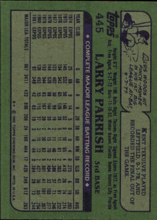 1982 Topps #445 Larry Parrish back image