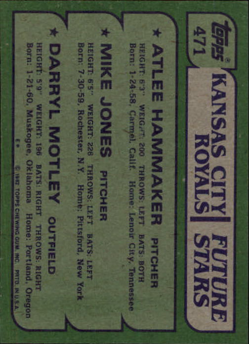 1982 Topps #471 Atlee Hammaker RC/Mike Jones/Darryl Motley RC back image