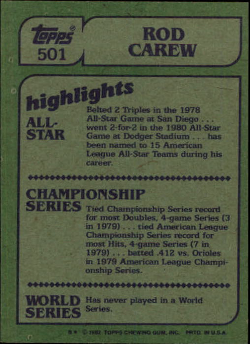 1982 Topps #501 Rod Carew IA back image
