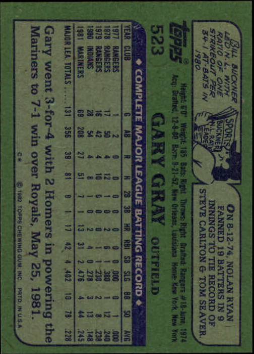 1982 Topps #523 Gary Gray back image