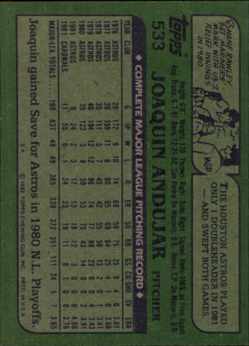 1982 Topps #533 Joaquin Andujar back image