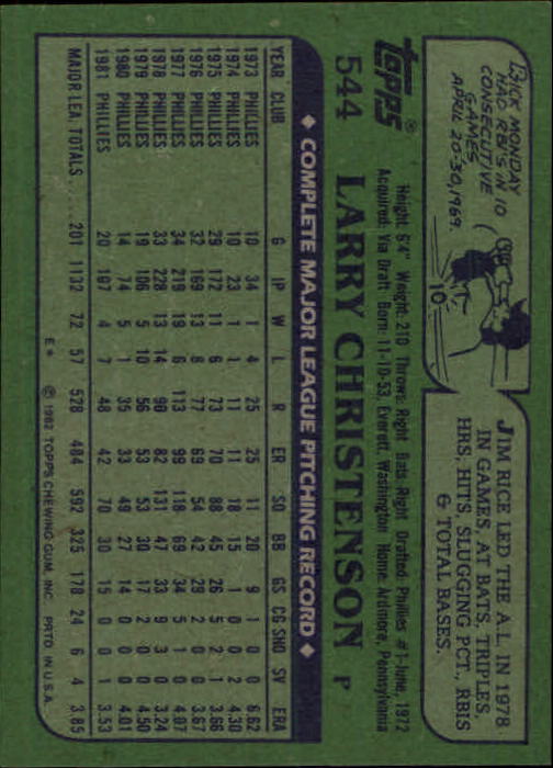 1982 Topps #544 Larry Christenson back image