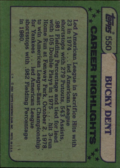1982 Topps #550 Bucky Dent AS back image