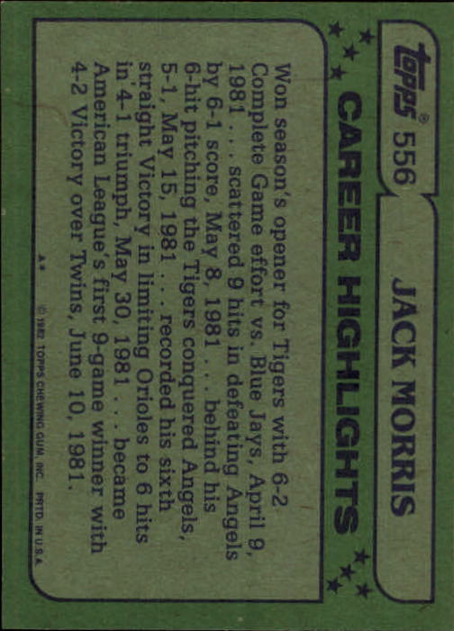 1982 Topps #556 Jack Morris AS back image