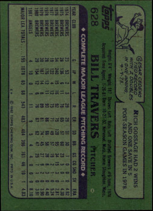 1982 Topps #628 Bill Travers back image