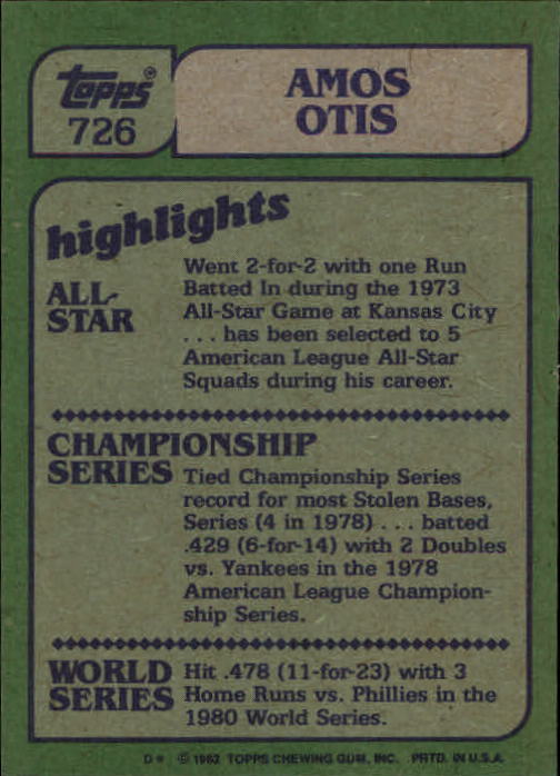 1982 Topps #726 Amos Otis IA back image