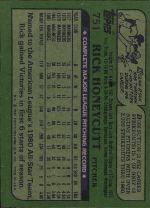 1982 Topps #751 Rick Honeycutt back image