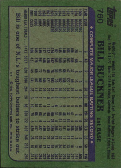1982 Topps #760 Bill Buckner back image