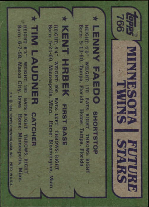 1982 Topps #766 Lenny Faedo RC/Kent Hrbek RC/Tim Laudner RC back image