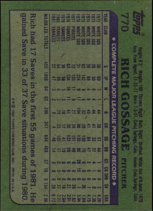 1982 Topps #770 Rich Gossage back image
