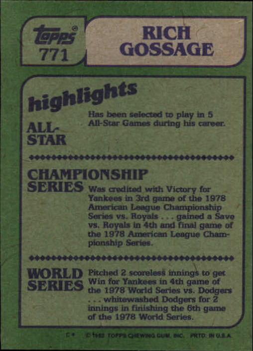 1982 Topps #771 Rich Gossage IA back image