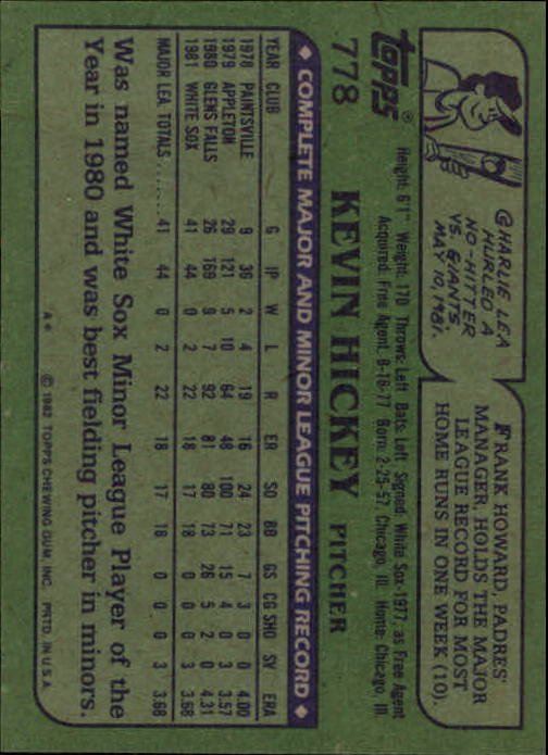 1982 Topps #778 Kevin Hickey RC back image