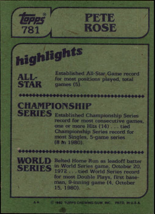 1982 Topps #781 Pete Rose IA back image