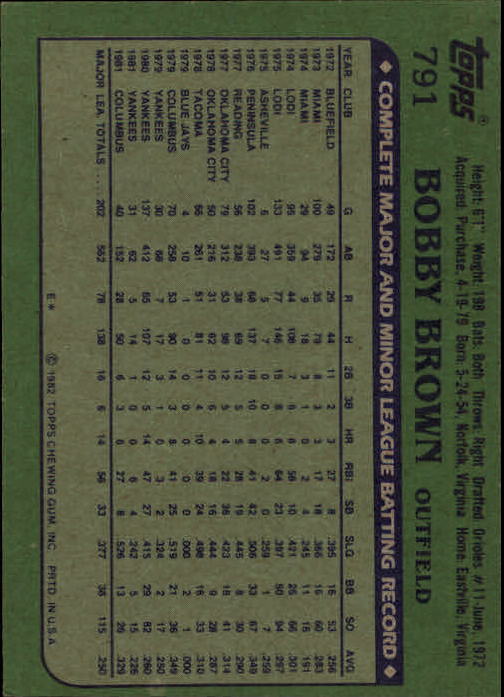 1982 Topps #791 Bobby Brown back image
