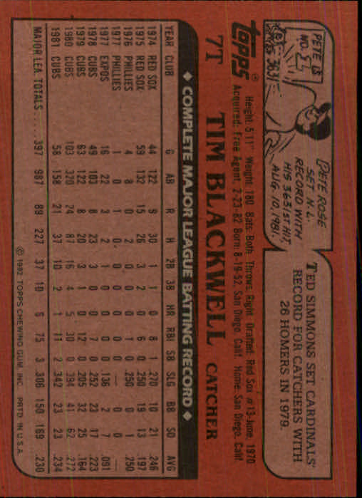 1982 Topps Traded #7T Tim Blackwell back image