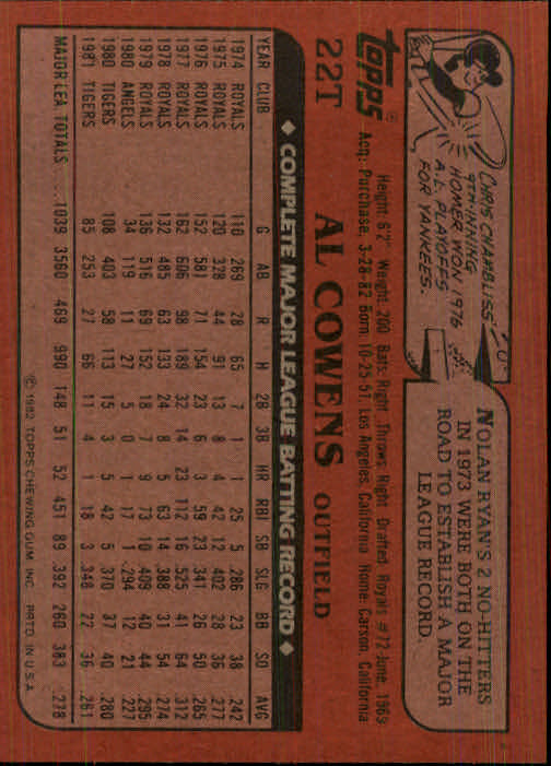 1982 Topps Traded #22T Al Cowens back image