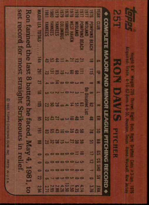 1982 Topps Traded #25T Ron Davis back image