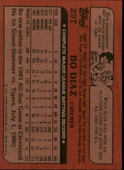1982 Topps Traded #29T Bo Diaz back image