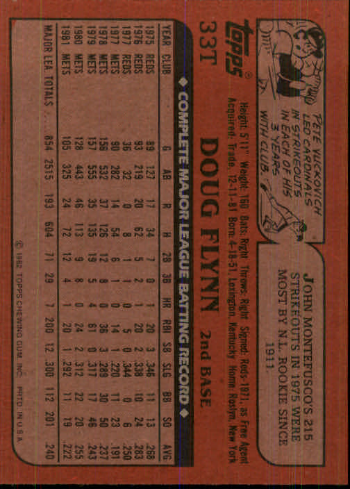 1982 Topps Traded #33T Doug Flynn back image
