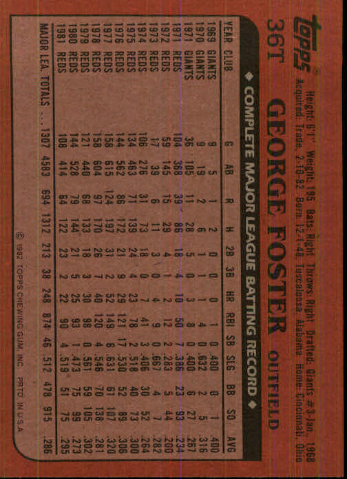 1982 Topps Traded #36T George Foster back image