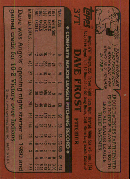 1982 Topps Traded #37T Dave Frost back image