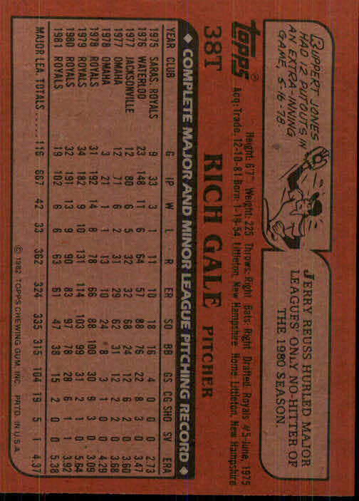 1982 Topps Traded #38T Rich Gale back image