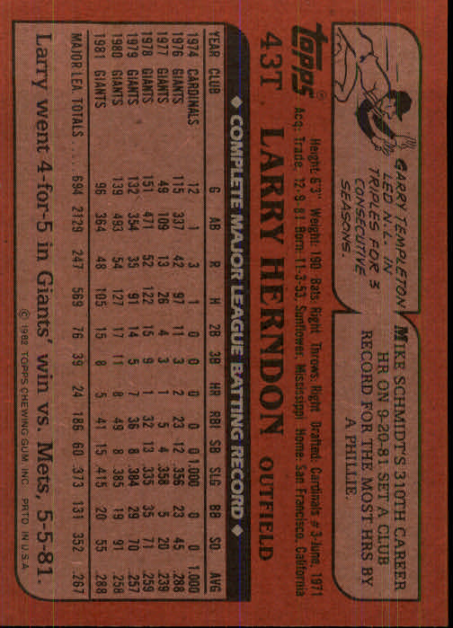 1982 Topps Traded #43T Larry Herndon back image
